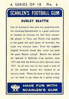 1963 Scanlens NRL #6 Dudley Beattie Back